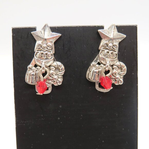 Christmas Earrings Presents Candy Cane Star Silver Tone Pierced Red Dangle Bead - Picture 2 of 7